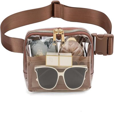 Clear Belt Bag Stadium Approved for Women Men With Adjustable Strap - Fanny Pack Crossbody Waist Bag for Concerts, Sports, Travelling, Hiking, Running (brown)