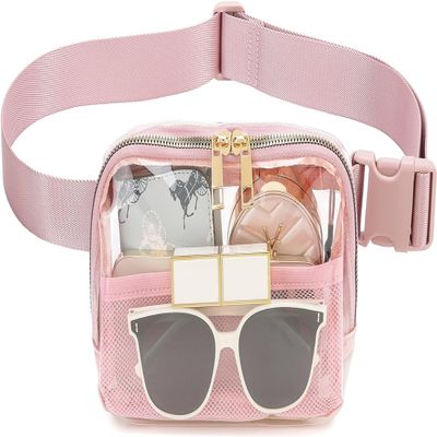 Clear Belt Bag Fanny Pack Stadium Approved for Women Men with Adjustable Strap Clear Crossbody Bag Waist Bag for Concerts Sports Travelling Hiking Running(pink)