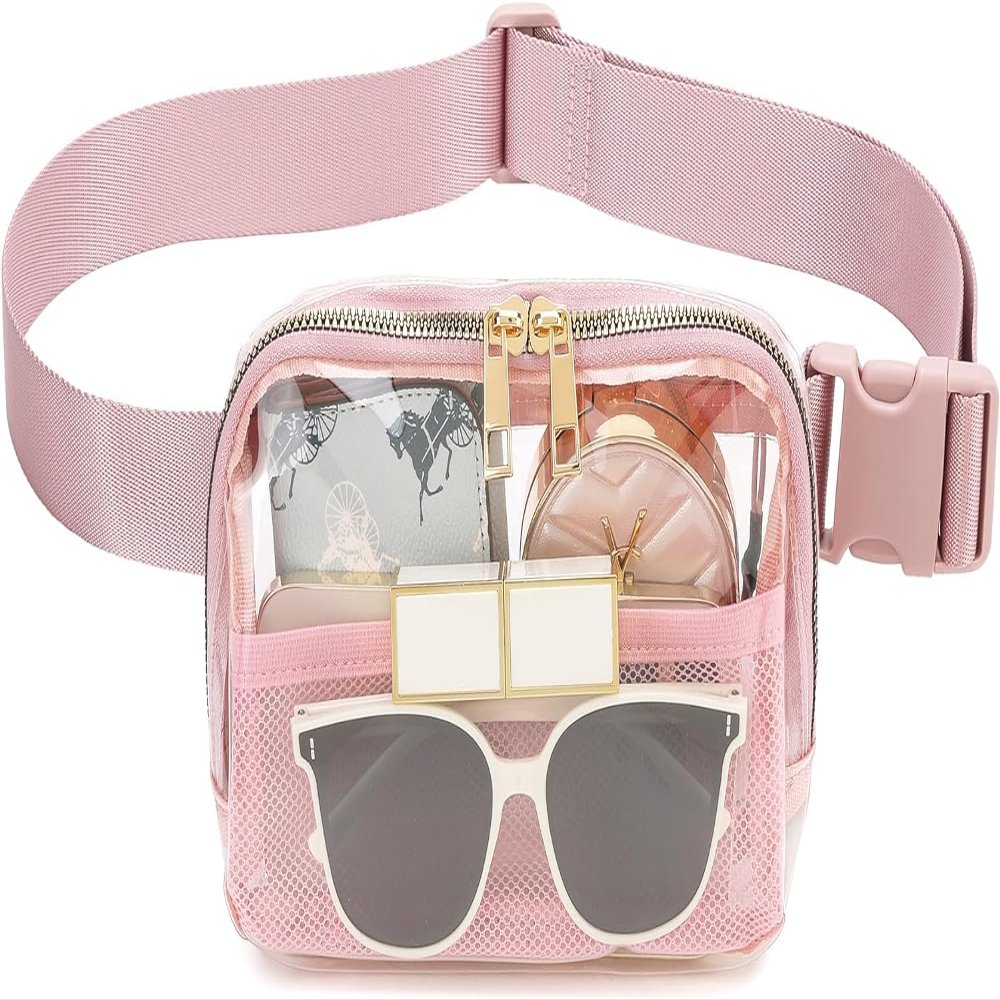 Clear Belt Bag Fanny Pack Stadium Approved for Women Men with Adjustable Strap Clear Crossbody Bag Waist Bag for Concerts Sports Travelling Hiking Running(pink)
