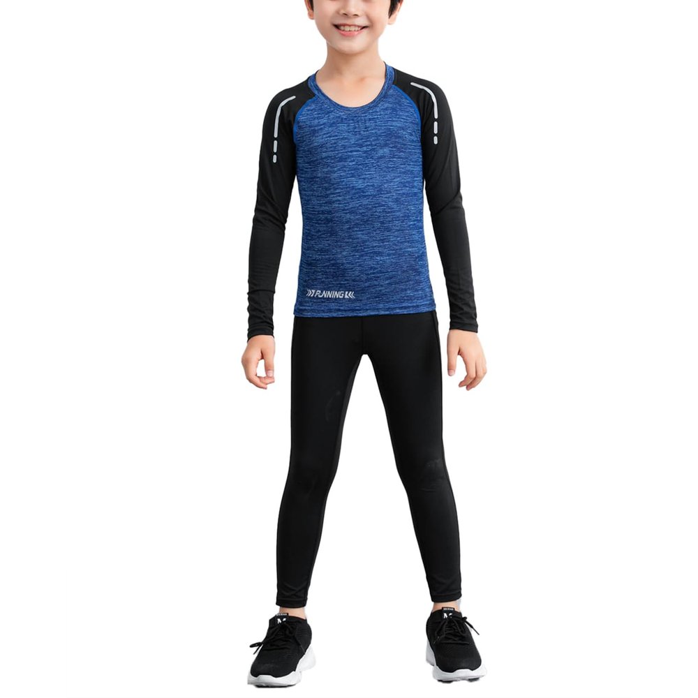 Fldy Youth Boy Base Layer Long Sleeve Compression Shirts and Leggings Pants Thermal Underwear Set Running Pants Tights Blue 5-6 Years