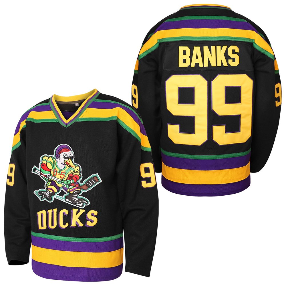 EETUG Mighty Ducks Jersey #96 Charlie Conway #99 Adam Banks #33 Greg Goldberg #66 Gordon Bombay Movie Hockey Jersey White Green (99 Black,3X-Large)