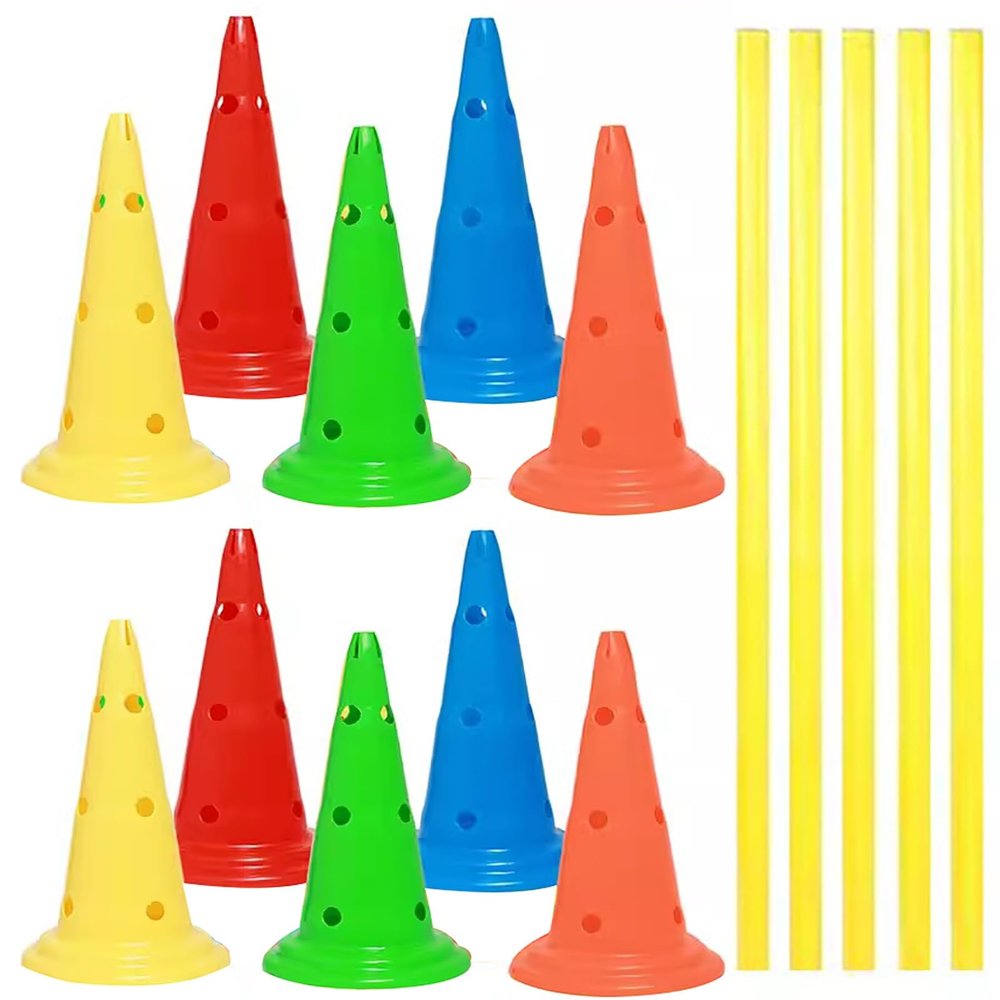 HDYZJQ Agility Training Hurdle Cone Set, Flexible Slalom Poles for Athletes Agility Drills and Fun Competitions, Soccer Agility Training, 10 Cones and 5 Poles(30cm Round Base,1.5m(5ft))
