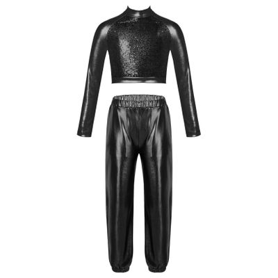 JanJean Kids Girls 2Pcs Dance Tracksuit Shiny Metallic Crop Top with Athletic Sweatpants Jazz Hip Hop Jazz Dance Costume Black 14 Years
