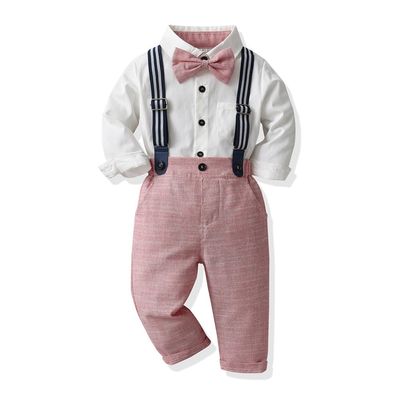 IDOPIP Baptism Christening Outfits for Boys Baby Fall Clothes Set Toddler Boy Outfits Gentleman Suits Bow Tie Shirts Suspenders Pants Birthday Formal Wedding Party Dress Suit Pink - Pants 12-18 Months