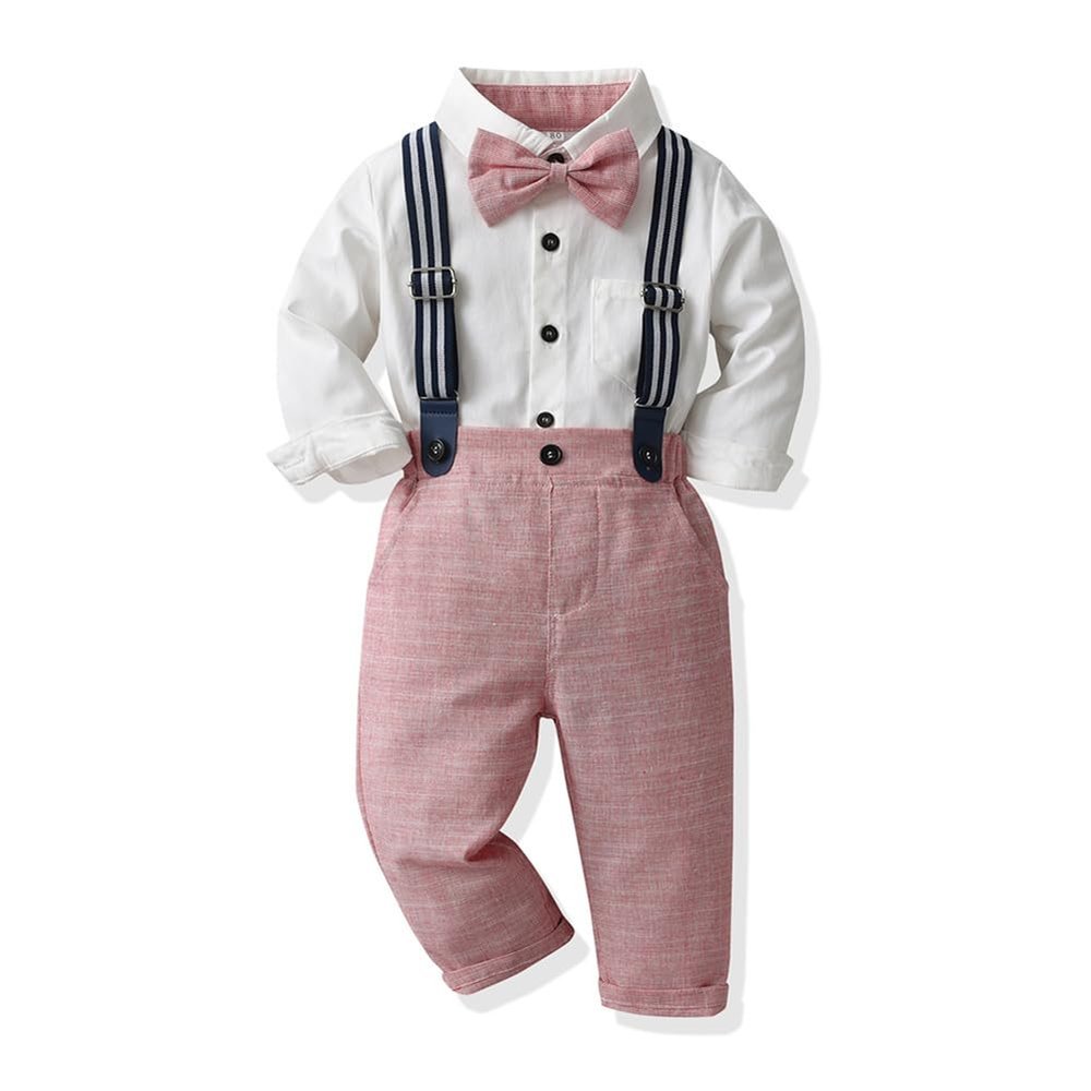 IDOPIP Baptism Christening Outfits for Boys Baby Fall Clothes Set Toddler Boy Outfits Gentleman Suits Bow Tie Shirts Suspenders Pants Birthday Formal Wedding Party Dress Suit Pink - Pants 12-18 Months