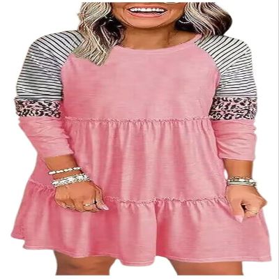 CHUNTIANRAN Leopard Color Block Ruffled Splicing Mini Dress Women Casual Fall Long Sleeve T Shirt Dresses Vacation Flowy Swing Dress(Long Sleeve/Pink,Medium)