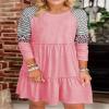 CHUNTIANRAN Leopard Color Block Ruffled Splicing Mini Dress Women Casual Fall Long Sleeve T Shirt Dresses Vacation Flowy Swing Dress(Long Sleeve/Pink,Medium) view 2