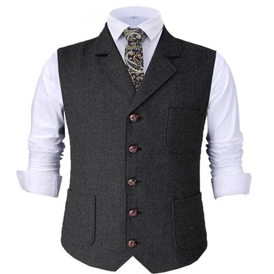Tuikayoo Mens Retro Suit Vest Tweed Wool Regular Fit Dress Waistcoat Herringbone for Jacket (Black,Medium)
