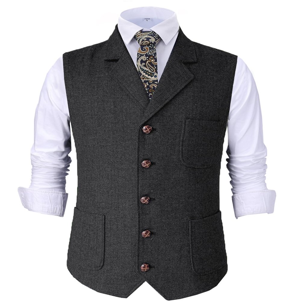 Tuikayoo Mens Retro Suit Vest Tweed Wool Regular Fit Dress Waistcoat Herringbone for Jacket (Black,Medium)