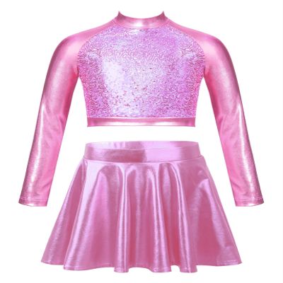 Jizyo Kids Girls Sequins Dance Dress for Jazz Hip Hop Dance Performance Costume 2Pcs Sparkle Outfits Crop Top and Skirt Set Pink 10 Years