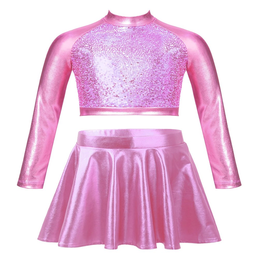 Jizyo Kids Girls Sequins Dance Dress for Jazz Hip Hop Dance Performance Costume 2Pcs Sparkle Outfits Crop Top and Skirt Set Pink 10 Years