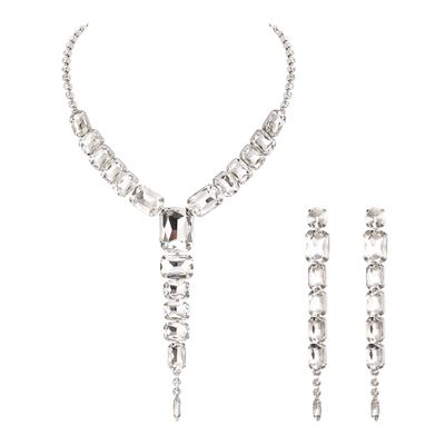 BriLove Iridescent AB Silver-Tone Women's Fashion Rhinestone Square Necklace Dangle Earrings Sparkly Crystal Geometric Statement Jewelry Set for Party Prom