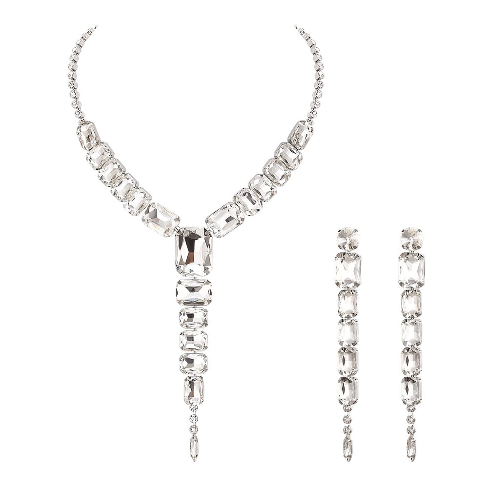 BriLove Iridescent AB Silver-Tone Women's Fashion Rhinestone Square Necklace Dangle Earrings Sparkly Crystal Geometric Statement Jewelry Set for Party Prom