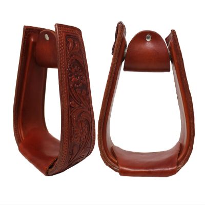 Horse Western Saddle Tack Floral Hand Tooled Leather Covered Stirrups Pair Set 002