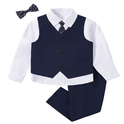 Boy Navy Blue Suit for Kids Wedding Tuxedo Suits Slim Fit Size 6 Formal Dresswear Vest Set with White Shirt and Bow Tie Ring Bearer Outfit
