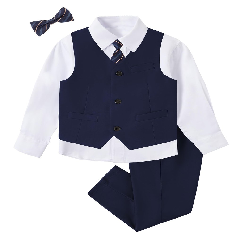 Boy Navy Blue Suit for Kids Wedding Tuxedo Suits Slim Fit Size 6 Formal Dresswear Vest Set with White Shirt and Bow Tie Ring Bearer Outfit