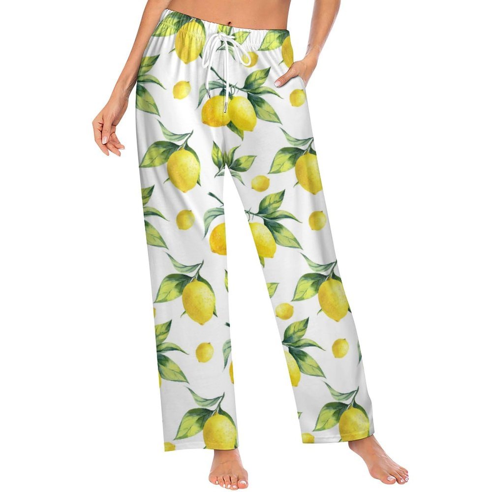 Ysidec Yellow Lemon Green Leaves Women Lounge Pants Comfy Pajama Bottom Drawstring Sleepwear Long Pajamas Pants M