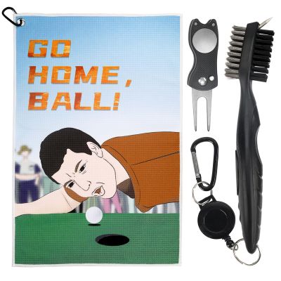 Funny Golf Towels Set for Golf Bags - Go Home Ball - Includes Microfiber Towel with Clip, Brush, and Divot Tool for Men, Dads, Husbands, Golf Fans