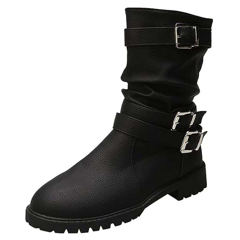 Ladmiple Women'S Ankle Boots & Booties Square Toe Women's Biker Boots Side Zipper Mid Calf Low Heel Motorcycle Fashion Festival Boots Combat Riding Military Dress Ankle Booties for Women