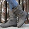 Ladmiple Cowgirl Boots Pink And Brown Womens Combat Boots Side Zipper Mid Calf Low Heel Motorcycle Riding Military Biker Boots Winter Western Dress Ankle Booties 2023 view 2