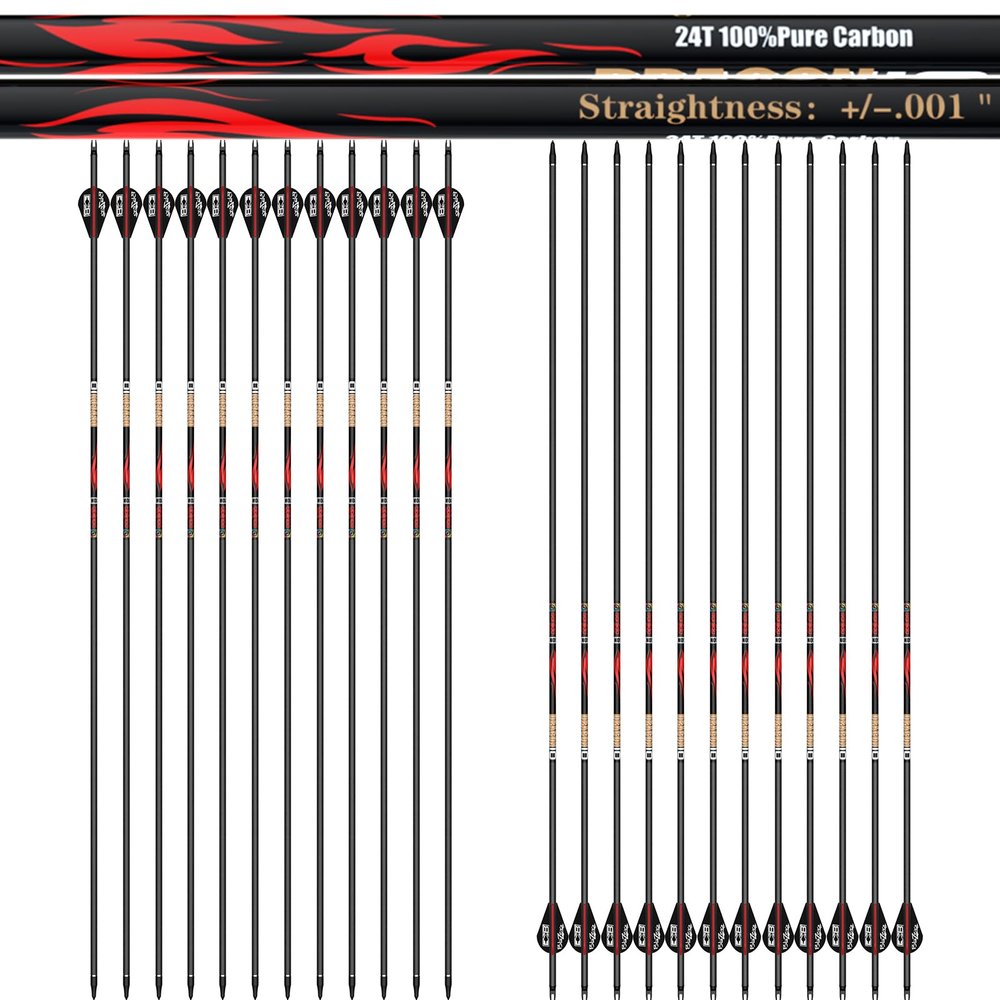 sanlida 24 PCs, 100% Pure Carbon, 0.001'' Straightness, Dragon 10 Flagship 24T Carbon Hunting Arrows for Compound Bow, Professional Standard Hunting Arrows with Removable Tips (470 Spine)