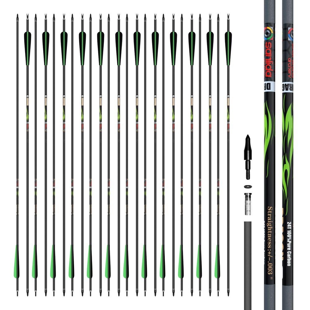 sanlida 24 PCs, 100% Pure Carbon, 0.003'' Straightness, Dragon 9 Flagship 24T Carbon Hunting Arrows for Compound Bow, Professional Standard Hunting Arrows with Removable Tips (450 Spine)