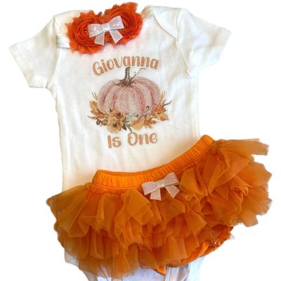 Three Sweet Limes First Birthday Pumpkin Baby Girl Outfit Personalized Name Bodysuit This Pumpkin is One Optional Tutu Bloomers Headband and Leg Warmers (Orange + White)