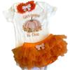 Three Sweet Limes First Birthday Pumpkin Baby Girl Outfit Personalized Name Bodysuit This Pumpkin is One Optional Tutu Bloomers Headband and Leg Warmers (Orange + White) view 1