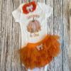 Three Sweet Limes First Birthday Pumpkin Baby Girl Outfit Personalized Name Bodysuit This Pumpkin is One Optional Tutu Bloomers Headband and Leg Warmers (Orange + White) view 2