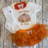 Three Sweet Limes First Birthday Pumpkin Baby Girl Outfit Personalized Name Bodysuit This Pumpkin is One Optional Tutu Bloomers Headband and Leg Warmers (Orange + White) view 4