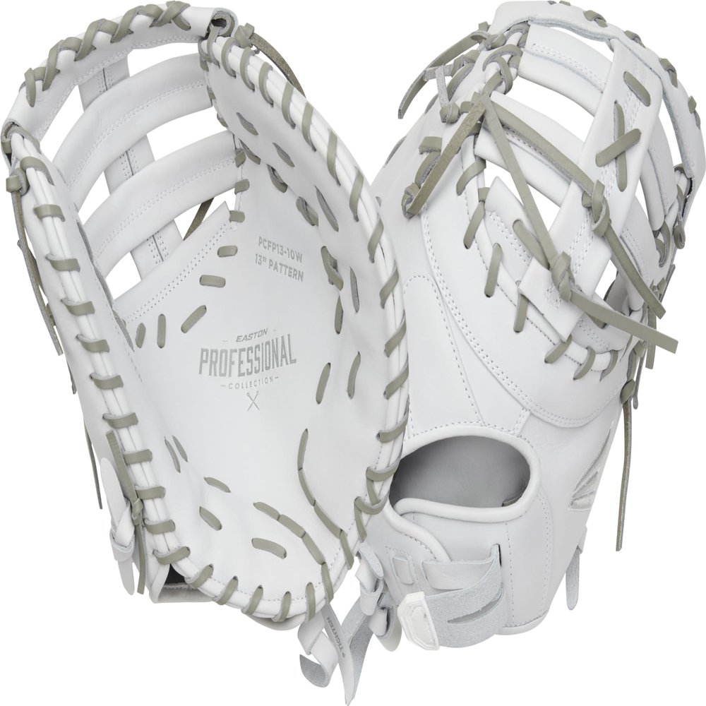 Easton | PROFESSIONAL COLLECTION Fastpitch Softball First Base Mitt | Left Hand Throw | 13" - Single Post Double Bar Web | White/Grey
