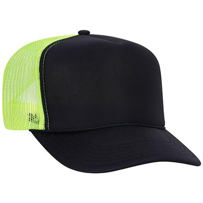Ashen Fane Polyester Foam Front 5 Panel High Crown Mesh Back Trucker Hat, Blk Blk N.YLW ver.2