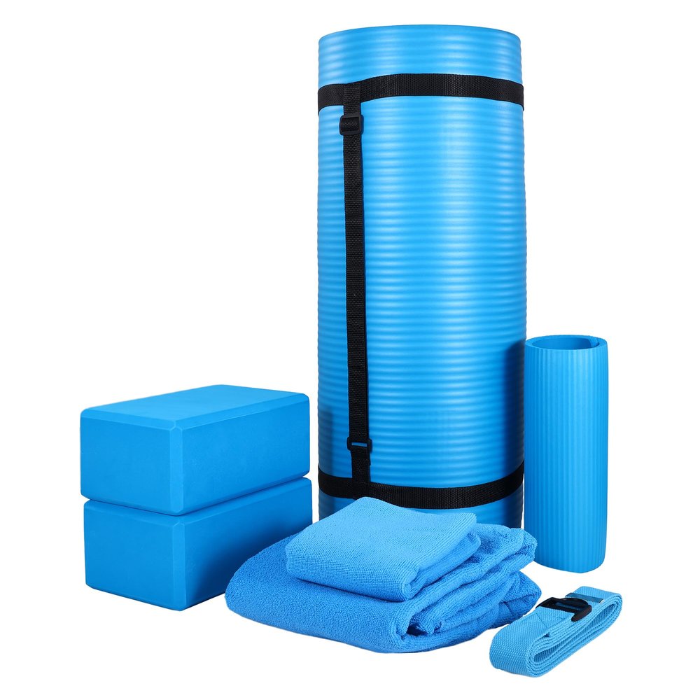 BalanceFrom 7-Piece Home Gym Yoga Set with 1-Inch Thick Yoga Mat, 2 Yoga Blocks, Mat Towel, Hand Towel, Stretch Strap & Knee Pad, Blue
