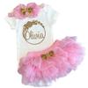 Three Sweet Limes Personalized Baby Girl Outfit with Circular Floral Wreath Design Gold Glitter - Choose Bodysuit size NB to 24M, Add Name Optional Tutu Bloomer, Leg Warmers, Headband (Pink + Gold) view 1