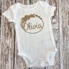 Three Sweet Limes Personalized Baby Girl Outfit with Circular Floral Wreath Design Gold Glitter - Choose Bodysuit size NB to 24M, Add Name Optional Tutu Bloomer, Leg Warmers, Headband (Pink + Gold) view 2
