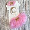 Three Sweet Limes Personalized Baby Girl Outfit with Circular Floral Wreath Design Gold Glitter - Choose Bodysuit size NB to 24M, Add Name Optional Tutu Bloomer, Leg Warmers, Headband (Pink + Gold) view 3