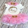 Three Sweet Limes Personalized Baby Girl Outfit with Circular Floral Wreath Design Gold Glitter - Choose Bodysuit size NB to 24M, Add Name Optional Tutu Bloomer, Leg Warmers, Headband (Pink + Gold) view 4