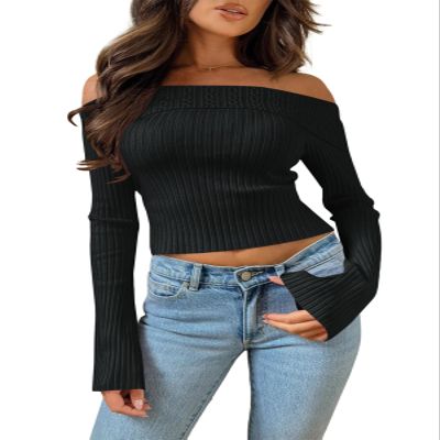 Goranbon Women's Off Shoulder Ribbed Knit Crop Sweaters Cute Wrap Long Sleeve Slim Pullover Jumper Tops Black