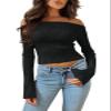 Goranbon Women's Off Shoulder Ribbed Knit Crop Sweaters Cute Wrap Long Sleeve Slim Pullover Jumper Tops Black view 1