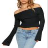 Goranbon Women's Off Shoulder Ribbed Knit Crop Sweaters Cute Wrap Long Sleeve Slim Pullover Jumper Tops Black view 2