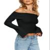Goranbon Women's Off Shoulder Ribbed Knit Crop Sweaters Cute Wrap Long Sleeve Slim Pullover Jumper Tops Black view 3