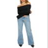 Goranbon Women's Off Shoulder Ribbed Knit Crop Sweaters Cute Wrap Long Sleeve Slim Pullover Jumper Tops Black view 4