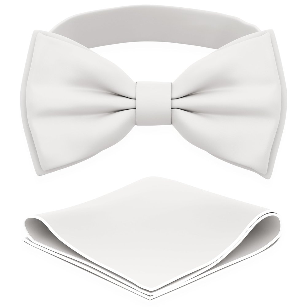 Adam Young Men's Off-White Bow Tie with Handkerchief Pre-Tied Style Formal Satin Classic Bowtie for Tuxedo Faux Silk (Large, Off-White)
