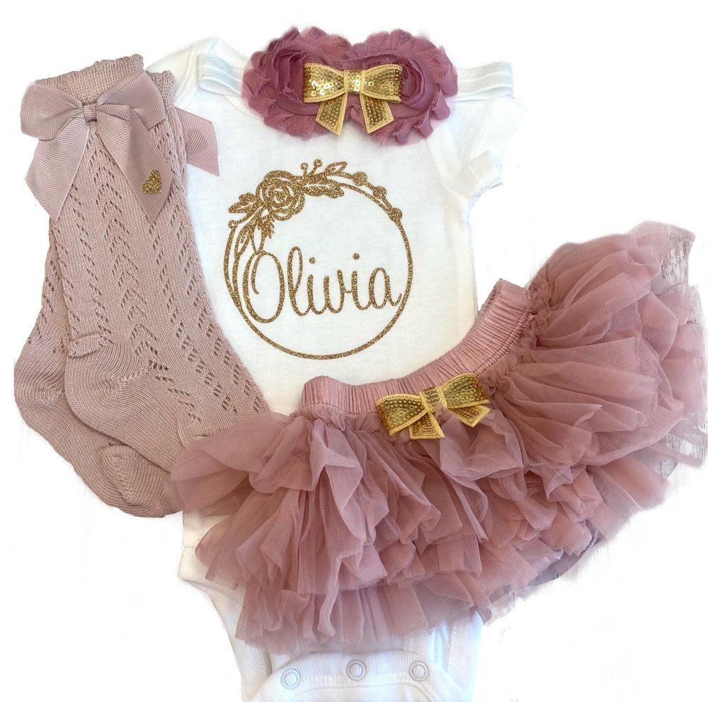Three Sweet Limes Personalized Baby Girl Outfit with Circular Floral Wreath Design Gold Glitter - Choose Bodysuit size NB to 24M, Add any Name Optional Tutu Bloomer, Socks, Headband(Dusty Rose)