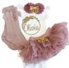 Three Sweet Limes Personalized Baby Girl Outfit with Circular Floral Wreath Design Gold Glitter - Choose Bodysuit size NB to 24M, Add any Name Optional Tutu Bloomer, Socks, Headband(Dusty Rose) view 1