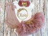 Three Sweet Limes Personalized Baby Girl Outfit with Circular Floral Wreath Design Gold Glitter - Choose Bodysuit size NB to 24M, Add any Name Optional Tutu Bloomer, Socks, Headband(Dusty Rose) view 3