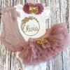 Three Sweet Limes Personalized Baby Girl Outfit with Circular Floral Wreath Design Gold Glitter - Choose Bodysuit size NB to 24M, Add any Name Optional Tutu Bloomer, Socks, Headband(Dusty Rose) view 4