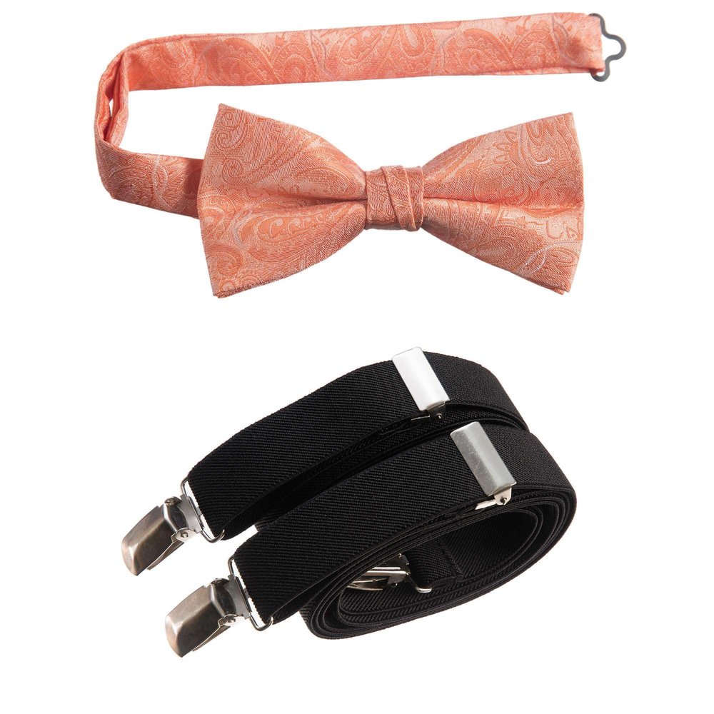 Tuxgear Baby Boys Bow Tie and Adjustable Stretch Suspender Sets, (Orange Paisley with Black, 25" Toddler)