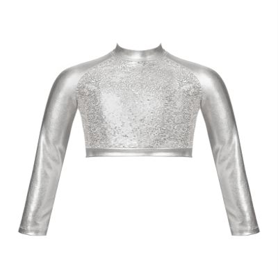 Jhaoyu Kids Girls Hip Hop Dance Crop Top Metallic Sequins Long Sleeve T-Shirt Jazz Ballet Modern Dancewear Silver 12 Years