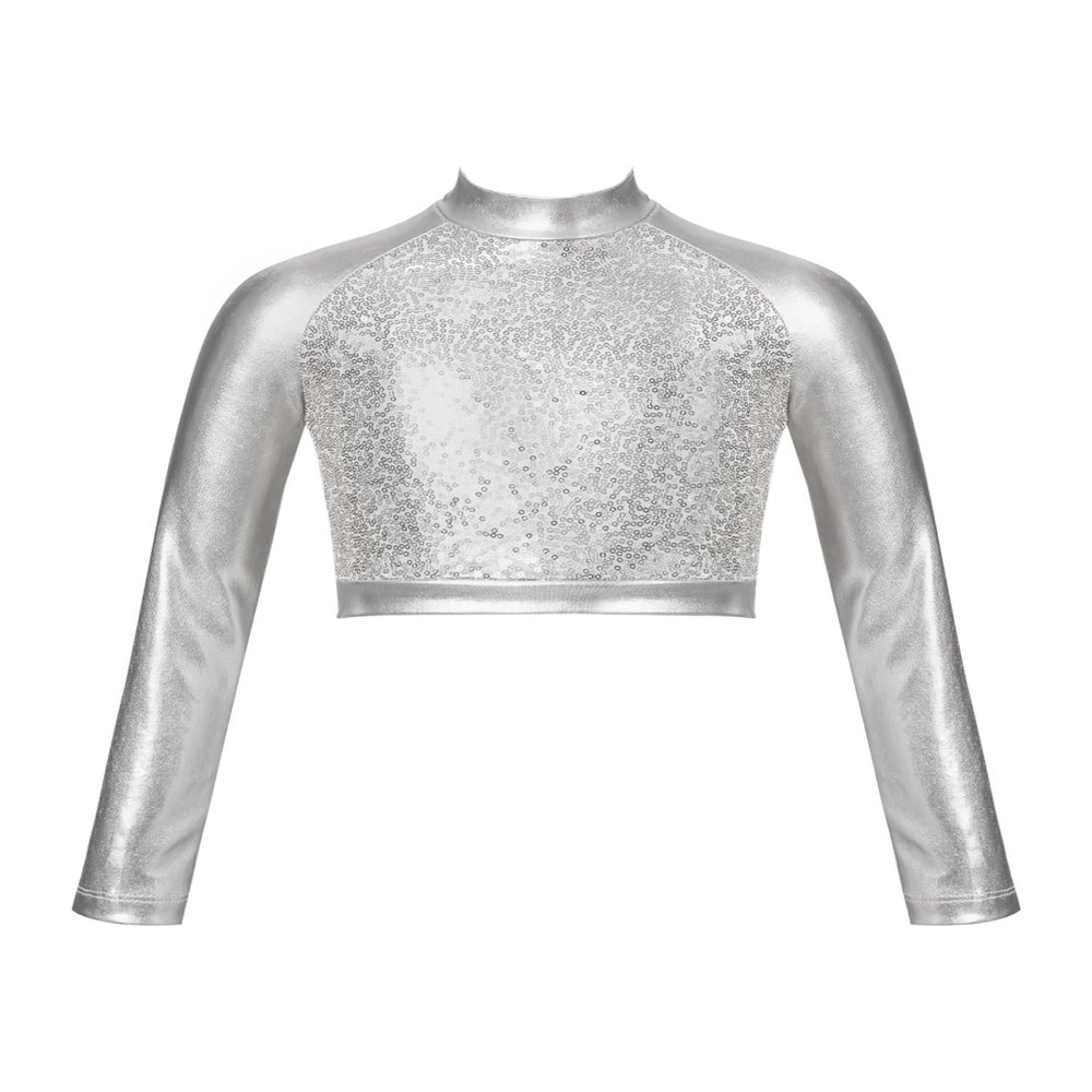Jhaoyu Kids Girls Hip Hop Dance Crop Top Metallic Sequins Long Sleeve T-Shirt Jazz Ballet Modern Dancewear Silver 12 Years